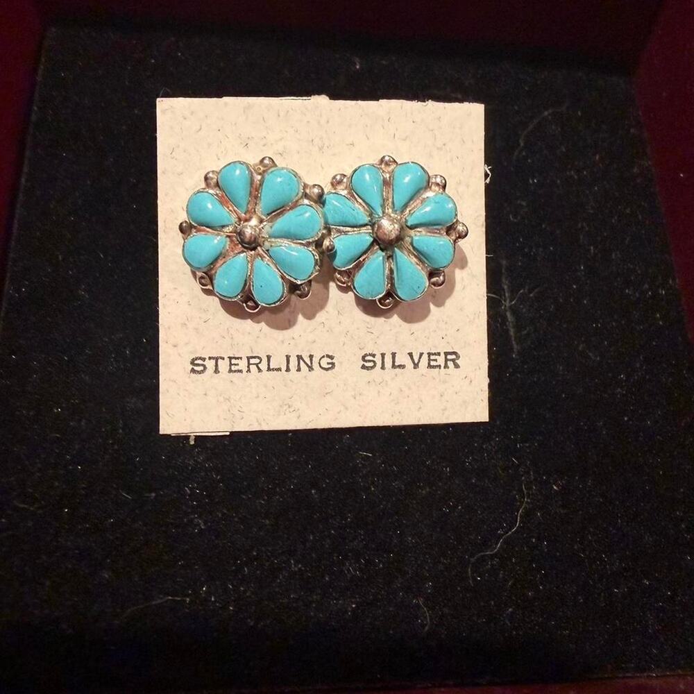 Sterling Silver Turquoise Flower Stud Earrings - Southwestern Style - 925